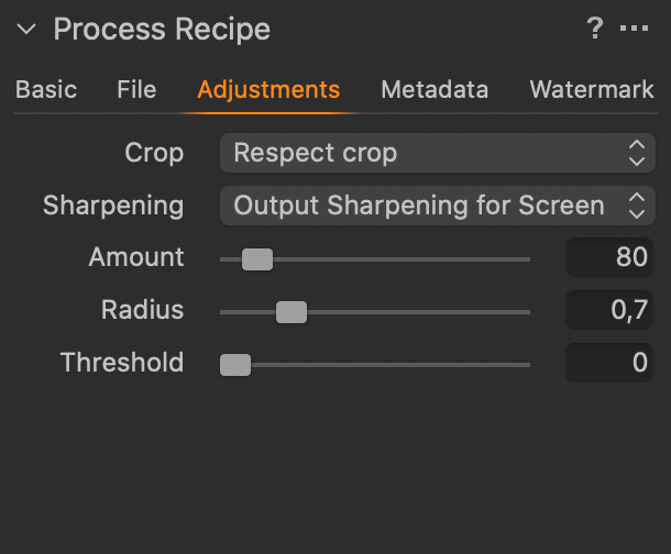 Export pro FB – záložka Adjustments