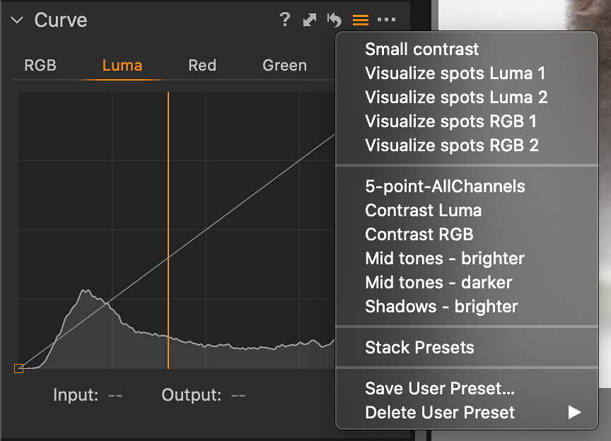 Menu předvoleb nástroje Curve s instalovanými předvolbami Visualize spots