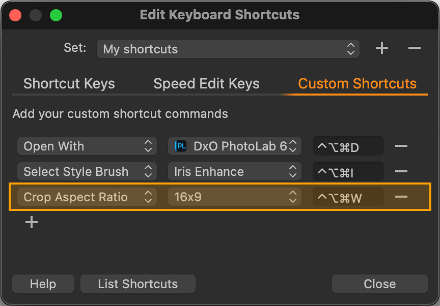 Assign a keyboard shortcut to a specific crop aspect ratio