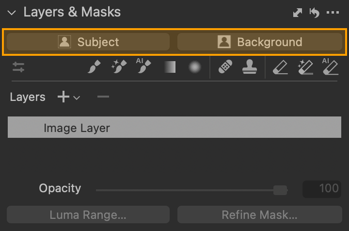 Buttons for quick mask creation using AI