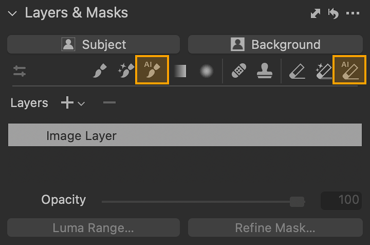 AI Select and AI Eraser buttons in the Layers & Masks toolbar