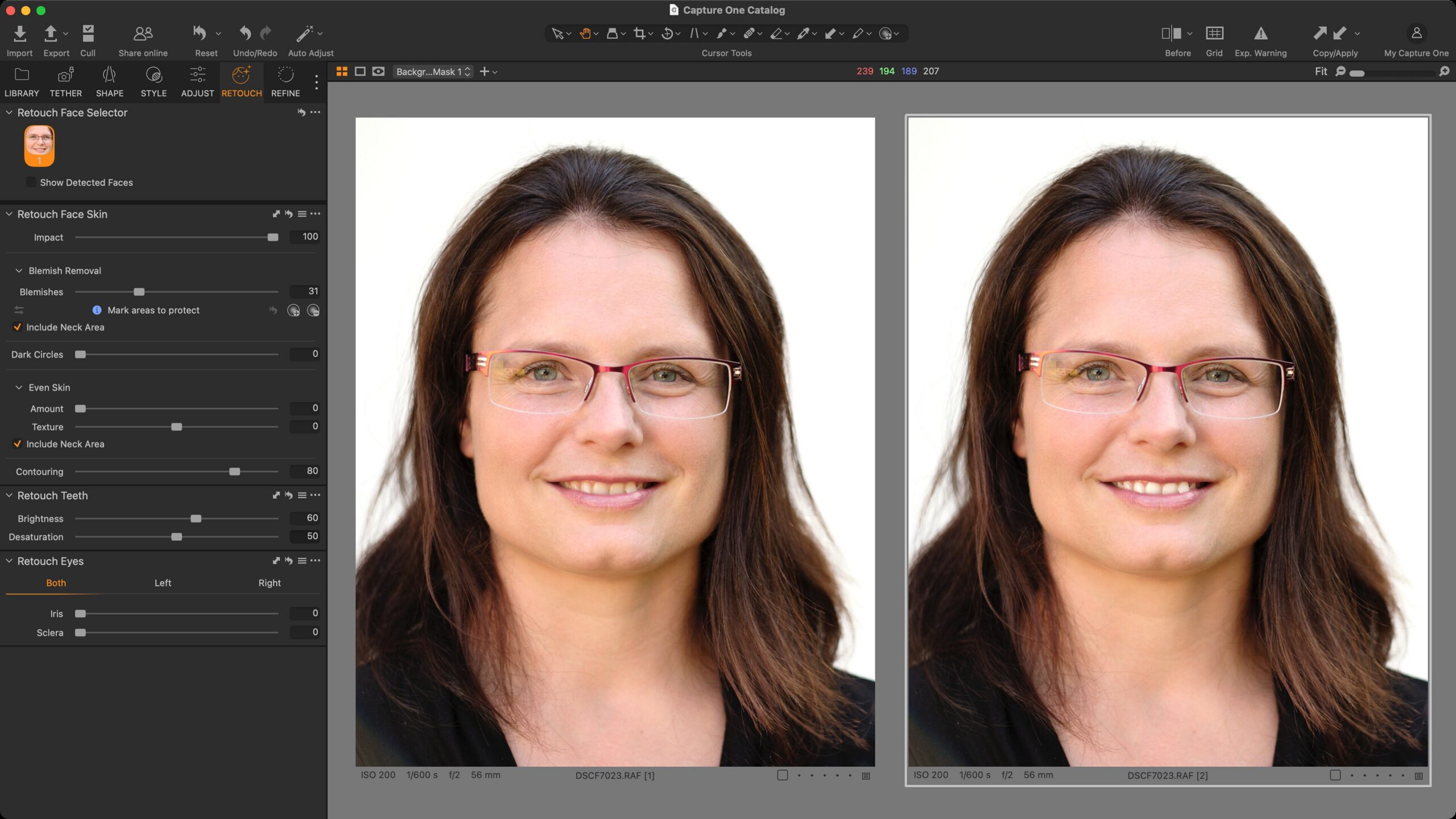 Example of whitening and desaturating teeth using the Retouch Teeth tool.