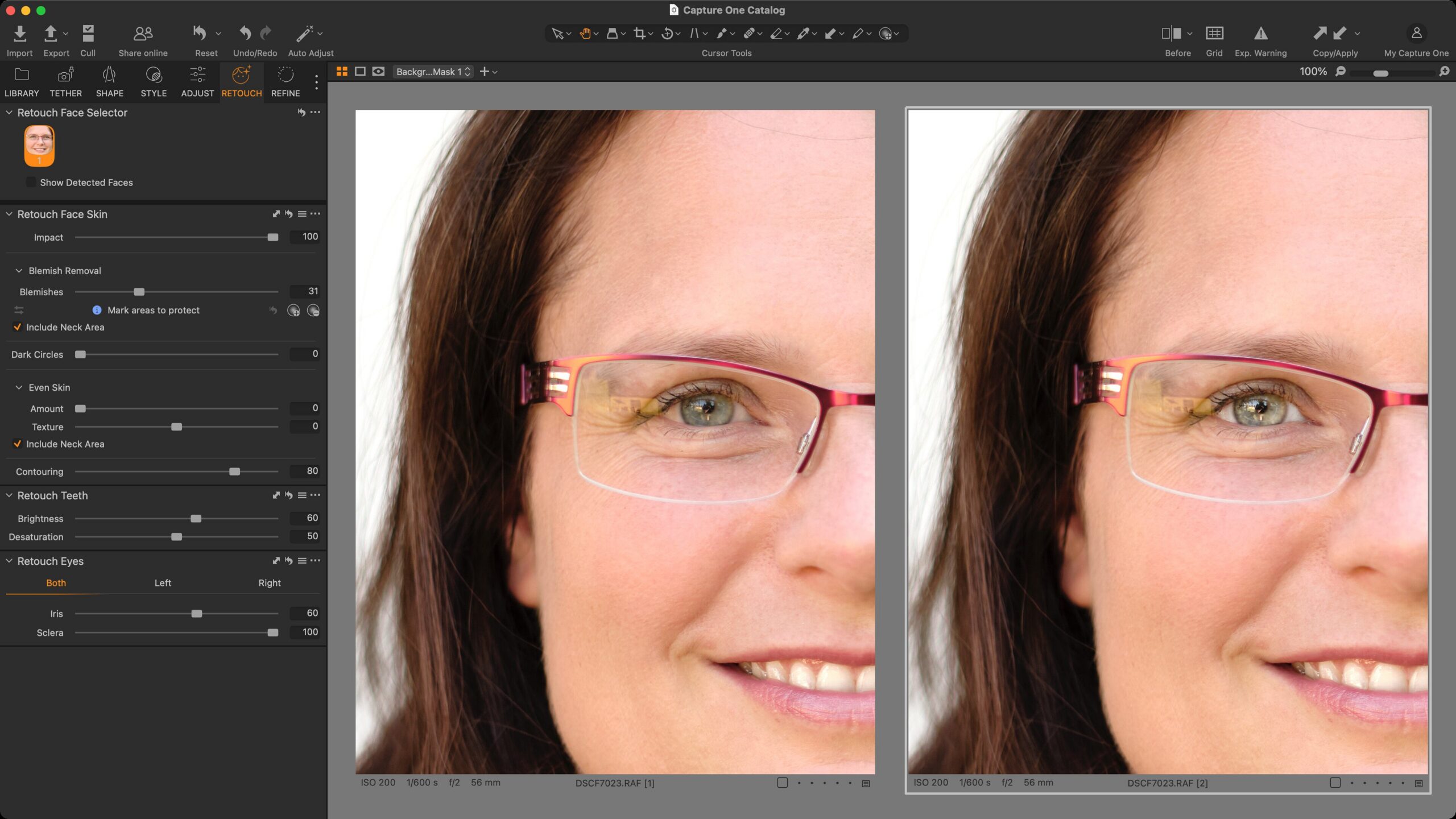 Example of adjusting both the iris (a bit stronger than usual to make the effect clearly visible) and the sclera.