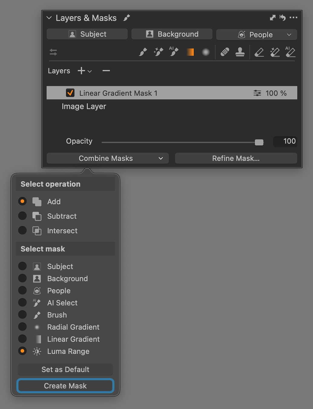 New Combine Masks button and the menu it opens