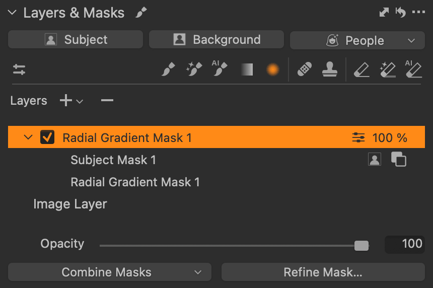 Detail of the combined mask from the previous example. Subject Mask 1 is subtracted from Radial Gradient Mask 1, as shown by the filled and empty square symbol to the right of its name.
