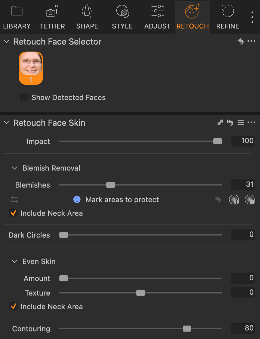 The Retouch Face Selector and Retouch Face Skin tools, which were created by splitting the former Retouch Faces tool.